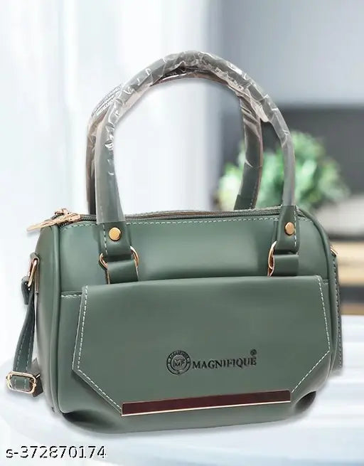 Magnifique green PU sling bag, 4-compartment printed net design, free size (8in x 3in x 7in), from India