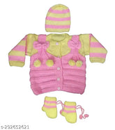 Hand knitted wool sweater set (dress, cap, booties) for 6-12 month infants - soft, self-designed Indian wool