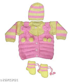 Hand knitted wool sweater set (dress, cap, booties) for 6-12 month infants - soft, self-designed Indian wool