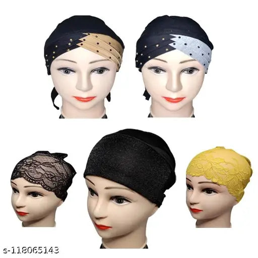 Cotton canvas self-design hijab cap pack of 5 with 2 net band, 2 multistage, and 1 shimmer cap for Indian head wrap fashion