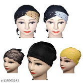 Cotton canvas self-design hijab cap pack of 5 with 2 net band, 2 multistage, and 1 shimmer cap for Indian head wrap fashion