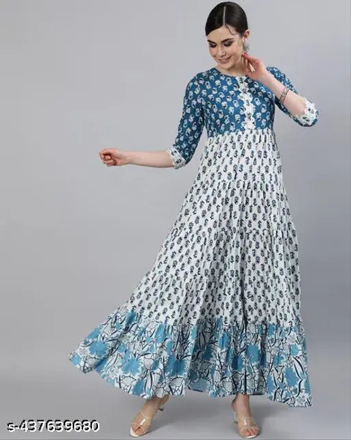 Blue rayon anarkali gown, three-quarter sleeves, printed combo - Indian fashion for women (S, M, L, XL, XXL, XXXL)