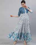 Blue rayon anarkali gown, three-quarter sleeves, printed combo - Indian fashion for women (S, M, L, XL, XXL, XXXL)