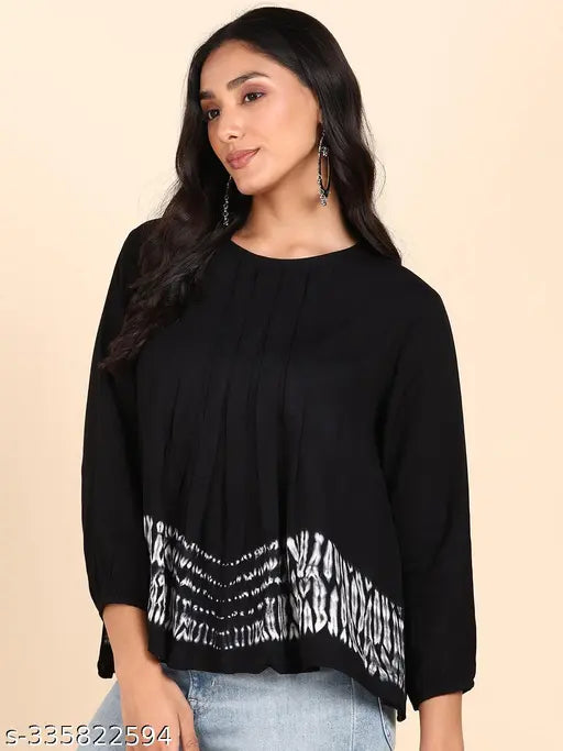 Black rayon pleated tie-dye top, three-quarter sleeves, solid pattern - Indian handcrafted, breathable summerwear