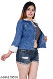 Stylish denim jacket with faux fur collar, solid pattern for teen fashion, 3/4 sleeves, India origin