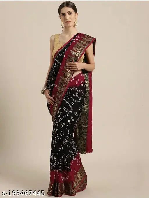 Anant Hand Bandhni Black Red Art Silk Saree with Banarsi Border and Hand Bandhji Blouse, Indian origin