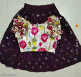 Kids Baby Girls Classic Lengha Choli: Satin top, rayon lehenga, georgette dupatta, short sleeves, printed top, embroidered lehenga, stitched, N=1. Traditional Indian girls outfit on display