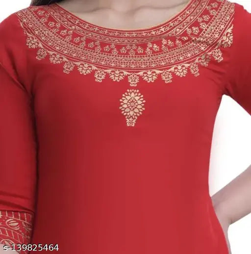 Red rayon printed angrkhi haar kurti, three-quarter sleeves, flared style, special occasion wear