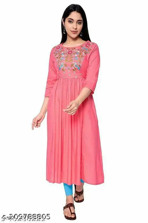 Pink Rayon A-line Kurta with embroidered pattern, three-quarter sleeves for women's fashion