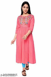 Pink rayon A-line kurta with embroidered patterns, three-quarter sleeves for women, on mannequin