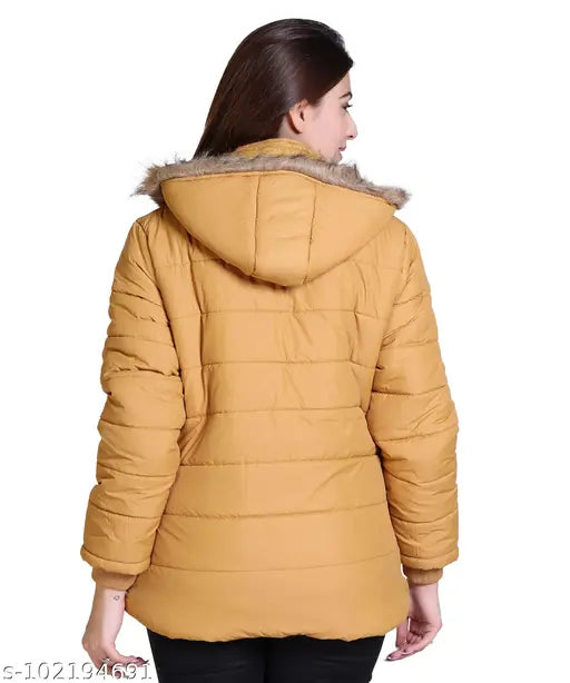 Nylon full-sleeve winter jacket for women by Indian Fort, solid pattern, long sleeves