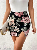 Black printed flower digital short skirt for woman on model, polyester, XS-32 sizes available