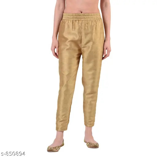 Gold silk blend women's pants, solid pattern, XL size, India origin