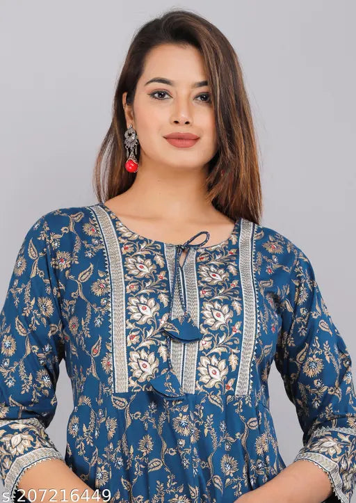 Blue rayon Anarkali kurti, printed embroidery on three-quarter sleeves, Indian women's fashion