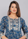Blue rayon Anarkali kurti, printed embroidery on three-quarter sleeves, Indian women's fashion