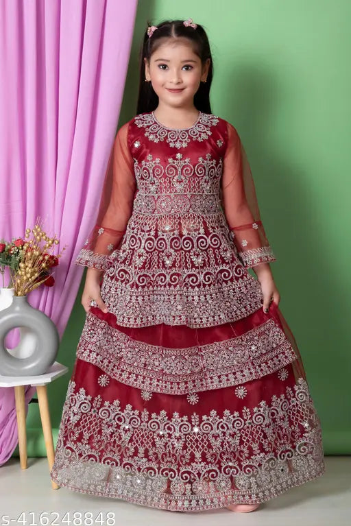 Exquisite net party wear lehenga for girls, intricately embroidered in vibrant colors and long length, perfect for festive occasions