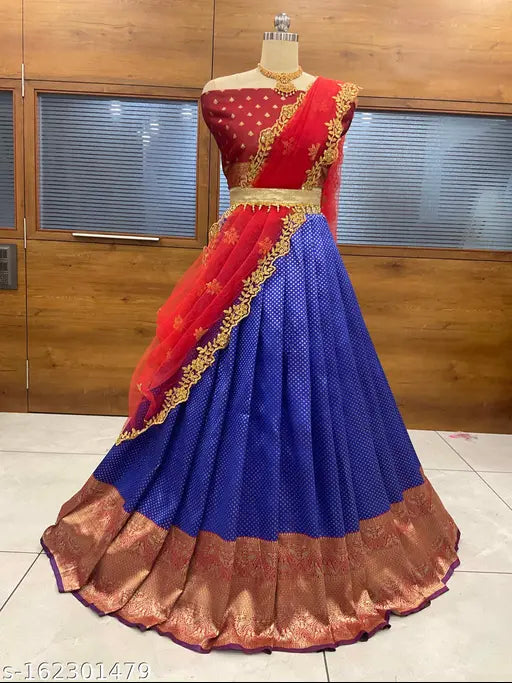 Art Silk lehenga choli and dupatta set, unstitched with zari, jacquard, and cutwork patterns, Lichi Silk fabric, tussled edges, belt included, India-made