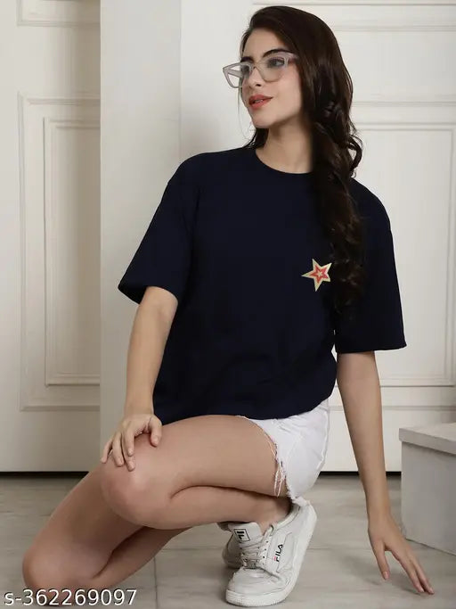 Graphic printed cotton oversize tshirt for women, three-quarter sleeves, vibrant pattern on soft cotton fabric