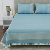 Sky Blue Handloom Cotton Double Bed Sheet Set, striped design, breathable & cool for summer, includes matching pillow covers