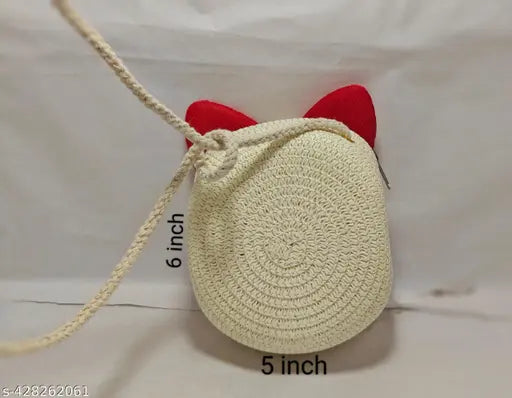 Trendy jute slingbag, eco-friendly and compact, adorned with kitty ears - perfect for kids' daily use