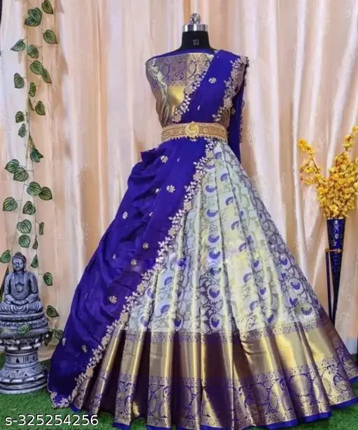 Blue striped acrylic dupatta with net sleeves, semi-stitched lehenga in art silk, self-designed pattern, perfect for brides or special events, India origin