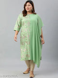 Light Green Poly Crepe Foil Print Plus Size Kurta, XL LOVE by Janasya, three-quarter sleeves, embroidered combo, 6XL (52in bust, 45in length). Modern Indian fashion with a touch of tradition