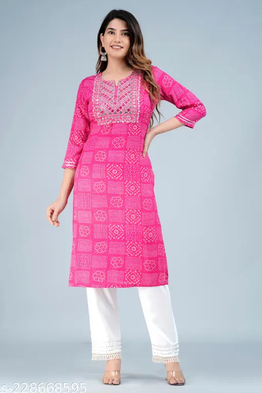 Rayon pink Bandhej thread work yoke kurti, intricate embroidery on three-quarter sleeves, versatile for festive or office wear