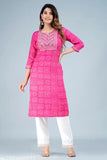 Rayon pink Bandhej thread work yoke kurti, intricate embroidery on three-quarter sleeves, versatile for festive or office wear