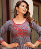 Mint gray rayon, embroidered combo, three-quarter sleeve blouse on hanger