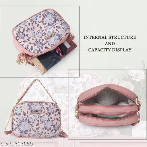 Stylish printed net PU sling bag for women & girls, 2 compartments - practical organization for essentials