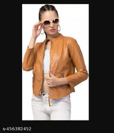 Leather, solid-colored full sleeve casual jacket for women. Perfect for various occasions, faux leather, zipper closure