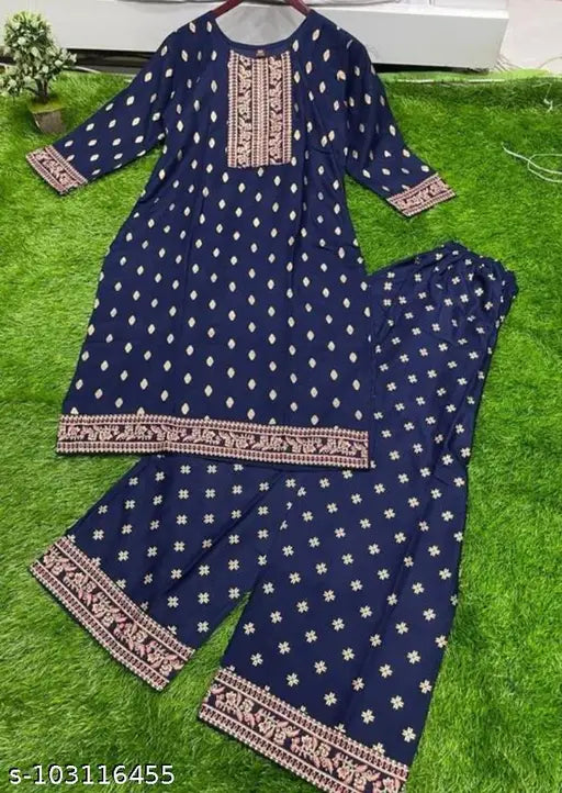 Rayon printed net Kurta set with Palazzo bottoms, three-quarter sleeves - Indian traditional women's clothing