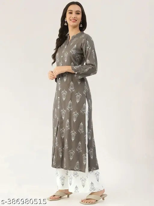Rayon printed kurta and palazzo set for women, three-quarter sleeves, vibrant full print design, India origin