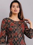 Black rayon kuti set with palazzos, three-quarter sleeves, printed pattern. Indian ethnic wear for women in sizes S to XXL