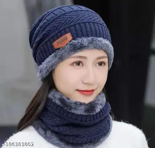 Woolen cap set with scarf, self-designed pattern for men & women's winter fashion. Soft, anti-allergic wool knit with chunky design. Made in India