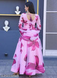 Stylish purple floral print Georgette gown for women, high-quality ethnic wear with short sleeves and trendy design. Perfect for weddings or parties in 2024