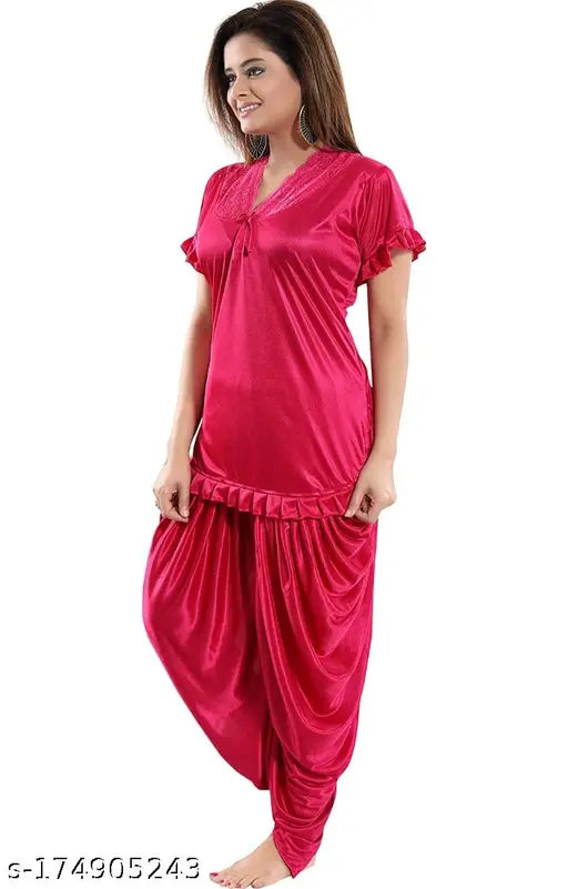 Satin calf-length fancy women's nighty set, solid, Indian-made nightwear for ladies