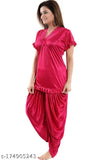 Satin calf-length fancy women's nighty set, solid, Indian-made nightwear for ladies