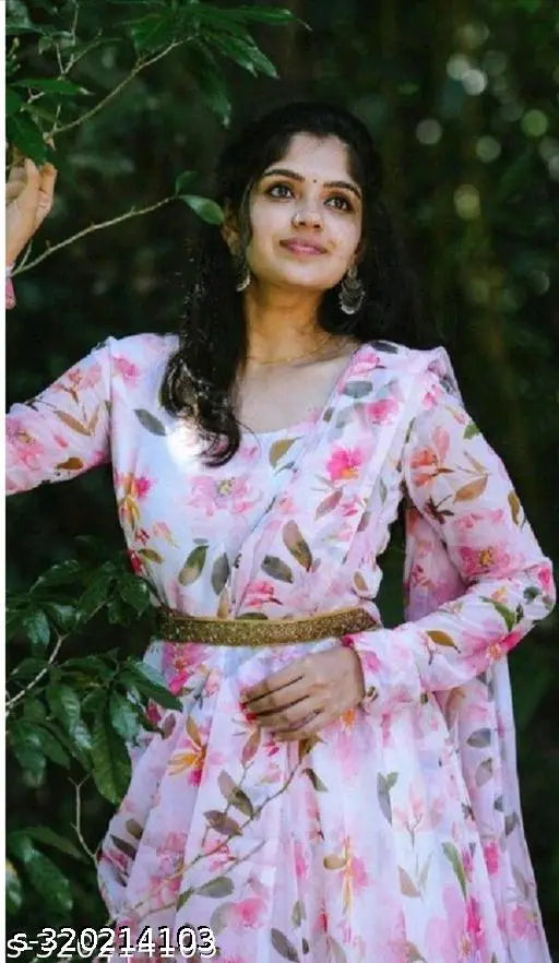 Pink Georgette gown with long sleeves and multicolor dupatta, vintage-inspired women's formal wear, India