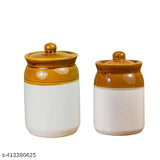 Ceramic brown pickle jar set (2Kg & 1Kg), ideal for storing Indian achaar with lids
