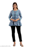 Blue, pure cotton, floral printed Dori fitting trendy top with three-quarter sleeves, India origin