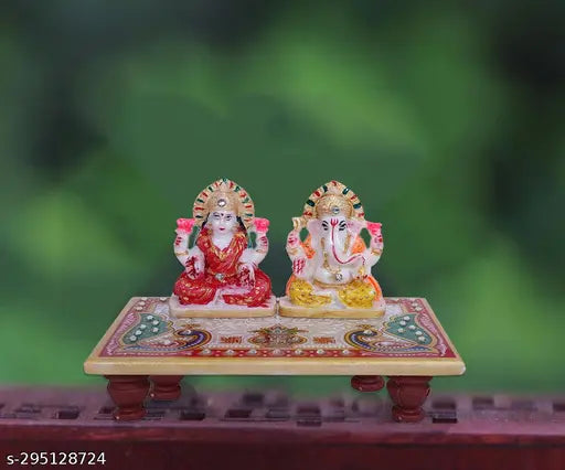 Marble Ganesha & Lakshmi idol on chowki, intricate resin craftsmanship from Rajasthan, 6x4 inch size, perfect Diwali home office decor