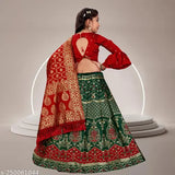 Green-Red Kids Nafiza Jute Cotton Lehenga & Jacquard Dupatta set, featuring floral stitch and three-quarter sleeves