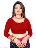 Georgette red saree with blouse, solid-patterned Indian fashion wear in free size
