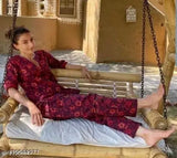 Rayon floral print women's nightsuit, XL size with 3/4 sleeves and matching sleepwear set. Indian-made ladies' loungewear collection for comfortable and cozy sleepwear