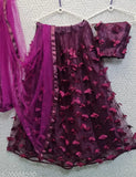 Purple net embroidered Lehenga-Choli semi-stitched with butterfly design, Indian bridal wear for women