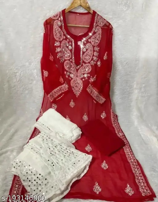 Embroidered Lucknowi Chikankari Georgette Gala Booty Kurti, Sharara & Dupatta set, three-quarter sleeves
