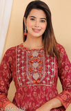 Wine printed rayon Anarkali gown, embroidered kurti with three-quarter sleeves. Rayon kurta for women in A-line calf length style. Red wine dyed floral design, suitable for parties, weddings, and festivals