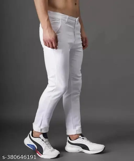 White cotton blend solid jeans, comfortable and stretchable with double-stitching, size 28 (28/39/33), made in India