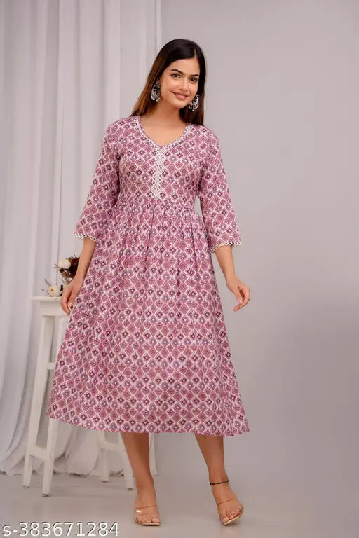 Printed rayon Anarkali maternity kurti with zipper, three-quarter sleeves, for pre and post pregnancy - VORCIA FEBTEX Kashvi Petite Kurtis